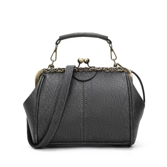 Retro Classic Solid Color Handbag – Kiss-Lock Top Handle & Crossbody Shoulder Bag for Women