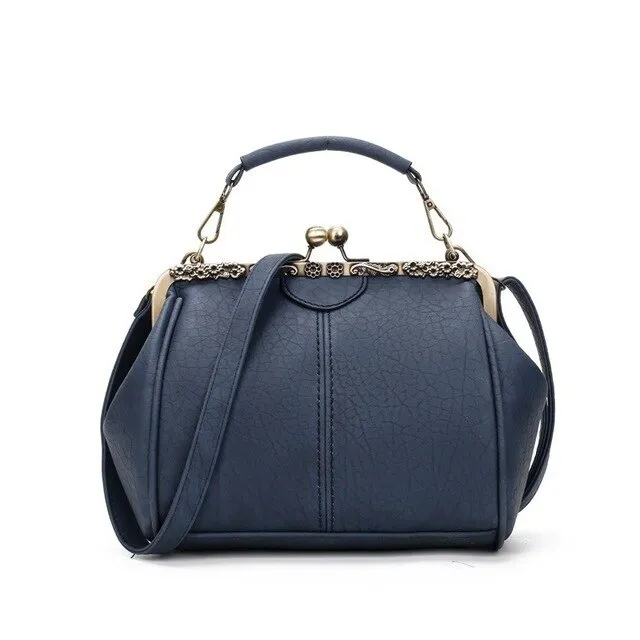 Retro Classic Solid Color Handbag – Kiss-Lock Top Handle & Crossbody Shoulder Bag for Women
