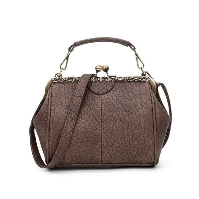 Retro Classic Solid Color Handbag – Kiss-Lock Top Handle & Crossbody Shoulder Bag for Women