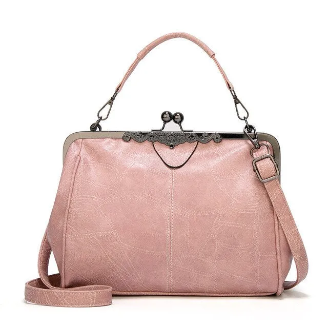 Retro Classic Solid Color Handbag – Kiss-Lock Top Handle & Crossbody Shoulder Bag for Women