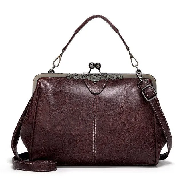 Retro Classic Solid Color Handbag – Kiss-Lock Top Handle & Crossbody Shoulder Bag for Women