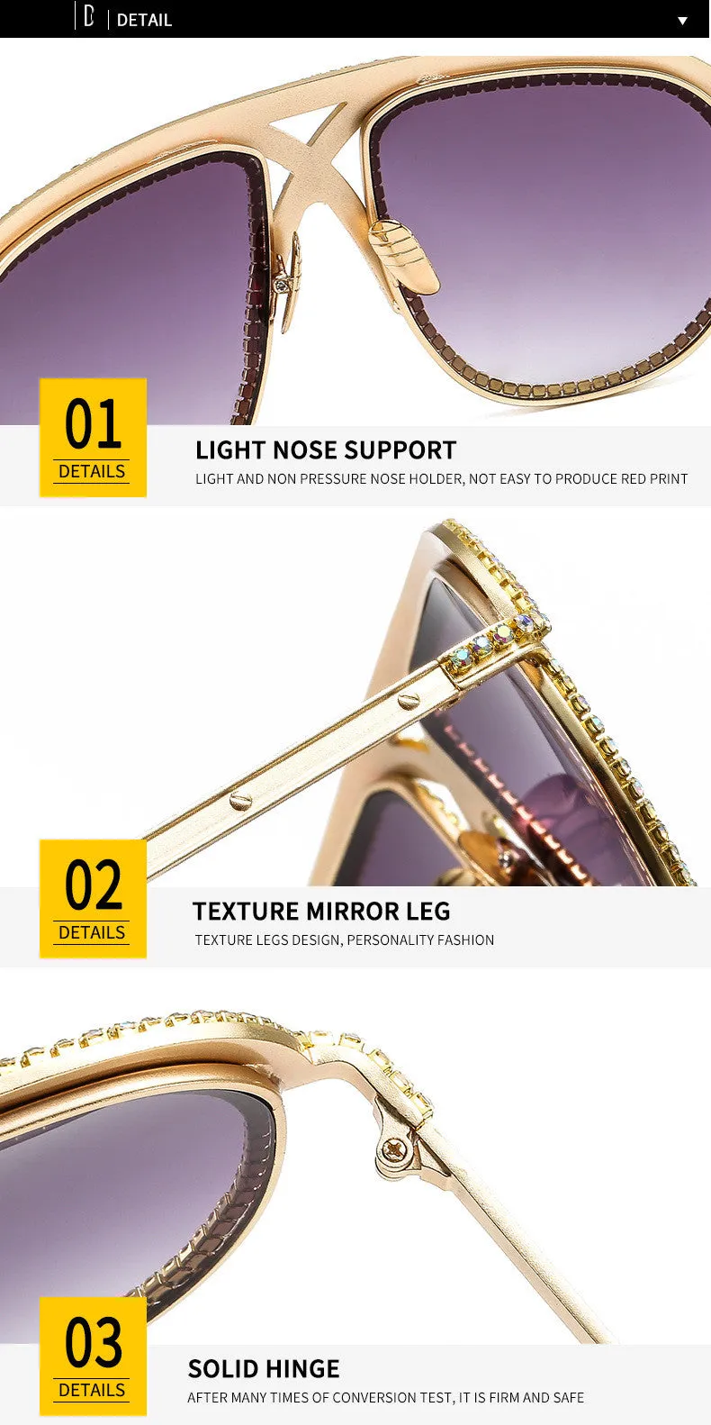 Retro Metal Diamond-studded Aviator Vintage Glasses Trendy Shades