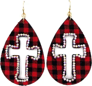 Rhinestone AB Stone Cross Outline Checkered Plaid Large Teardrop Earrings