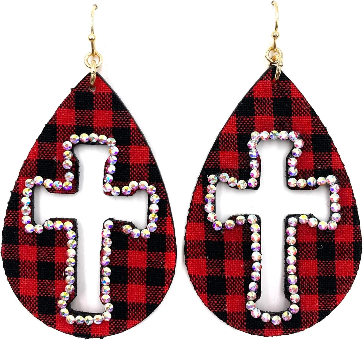 Rhinestone AB Stone Cross Outline Checkered Plaid Large Teardrop Earrings
