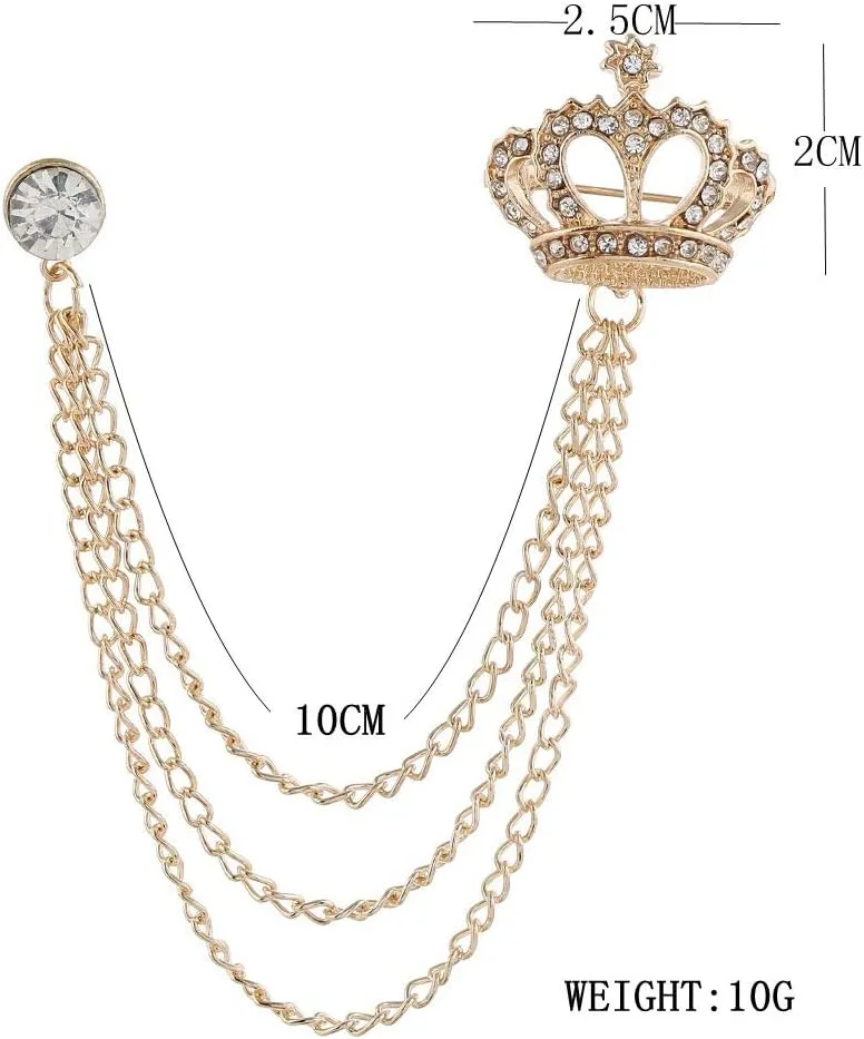 Rhinestone Crown Long Chain Brooch.Gold Silver Tassel Brooch Pin,Retro Crystal Suit Pins Collar Coat Pin for Men's Accessories Pin Husband Gifts