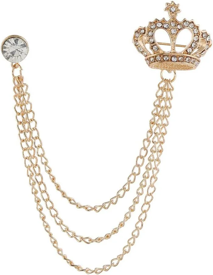 Rhinestone Crown Long Chain Brooch.Gold Silver Tassel Brooch Pin,Retro Crystal Suit Pins Collar Coat Pin for Men's Accessories Pin Husband Gifts