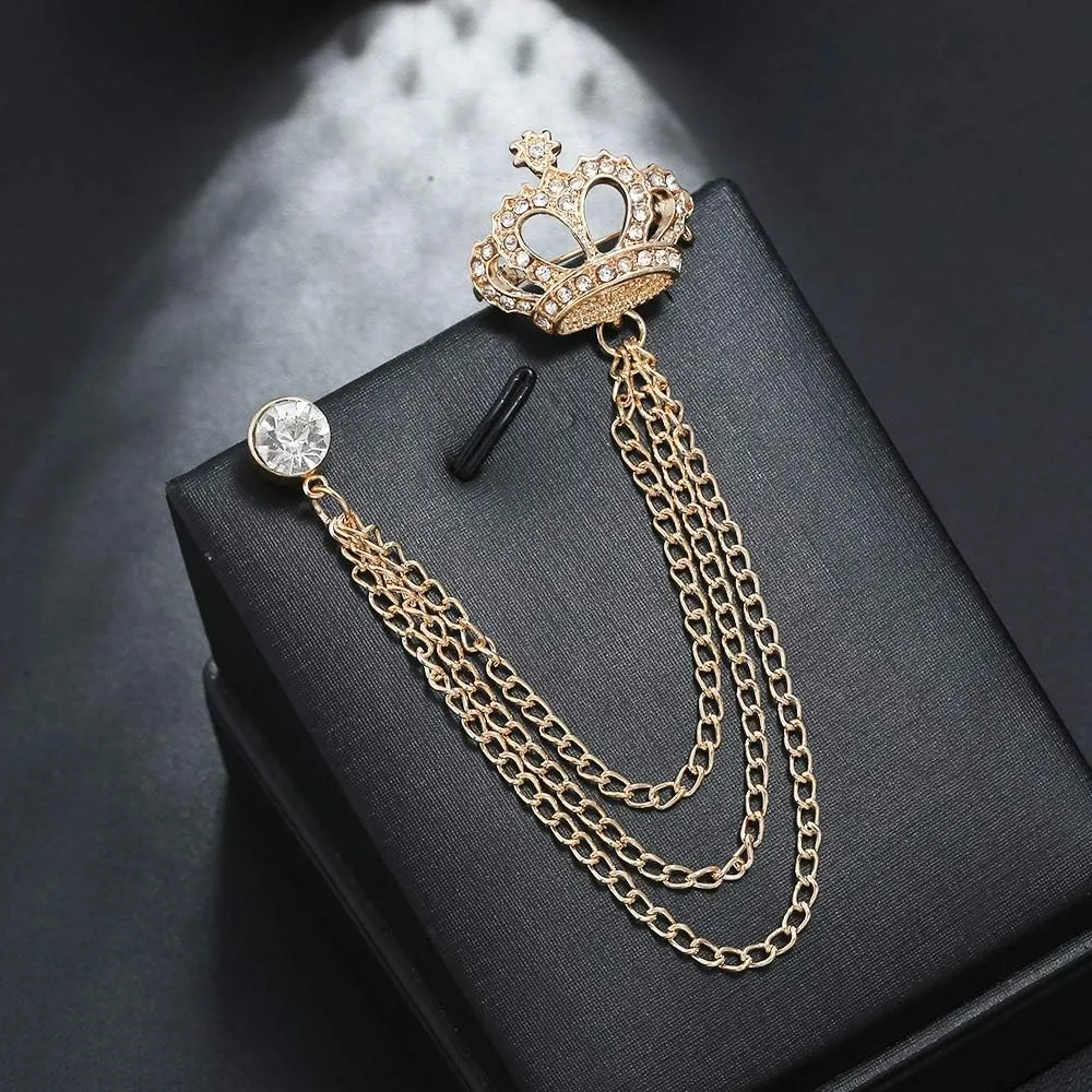 Rhinestone Crown Long Chain Brooch.Gold Silver Tassel Brooch Pin,Retro Crystal Suit Pins Collar Coat Pin for Men's Accessories Pin Husband Gifts