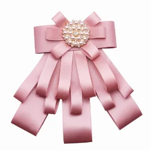 Rhinestone Pre-Tied Ribbon Brooch Bow Tie Pin Collar Bow for Women Girls