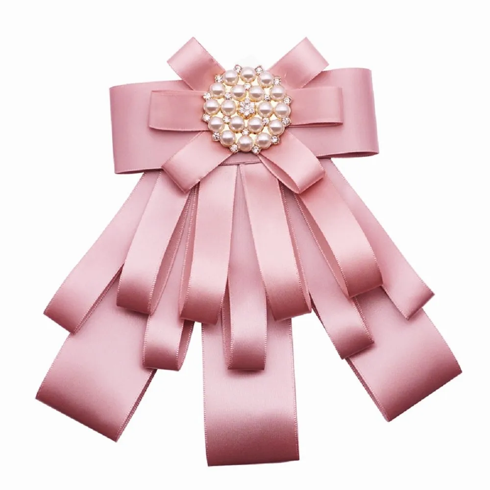 Rhinestone Pre-Tied Ribbon Brooch Bow Tie Pin Collar Bow for Women Girls