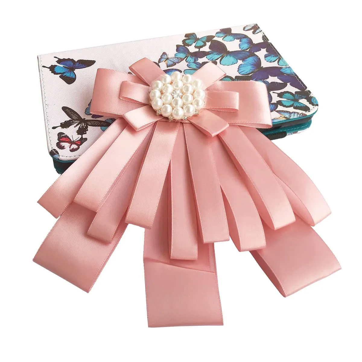 Rhinestone Pre-Tied Ribbon Brooch Bow Tie Pin Collar Bow for Women Girls