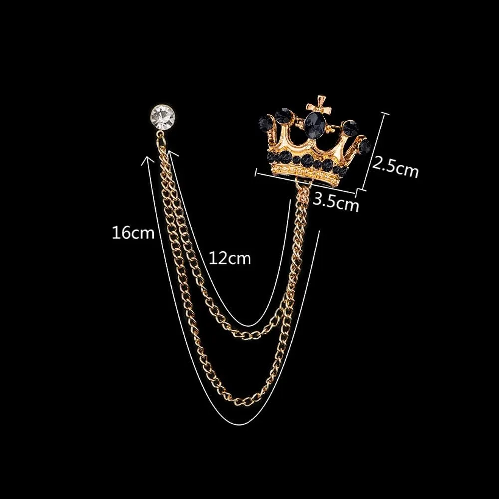 Rhinestones Crown Long Chain Brooch, Crystal Tassel Brooch Pin,Retro Suit Lapel Pins Collar Pin,Coat Tassel Chain Lapel Pins for Men's Suit Accessories