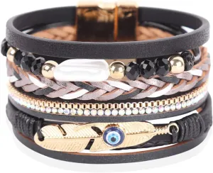 RIAH FASHION Bohemian Faux Leather Wrap Multi Layer Statement Bracelet - Boho Leatherette Bangle Cuff Crystal Rhinestone, Acrylic Pearl