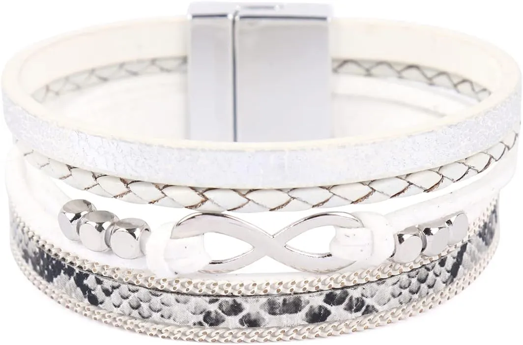 RIAH FASHION Bohemian Faux Leather Wrap Multi Layer Statement Bracelet - Boho Leatherette Bangle Cuff Crystal Rhinestone, Acrylic Pearl