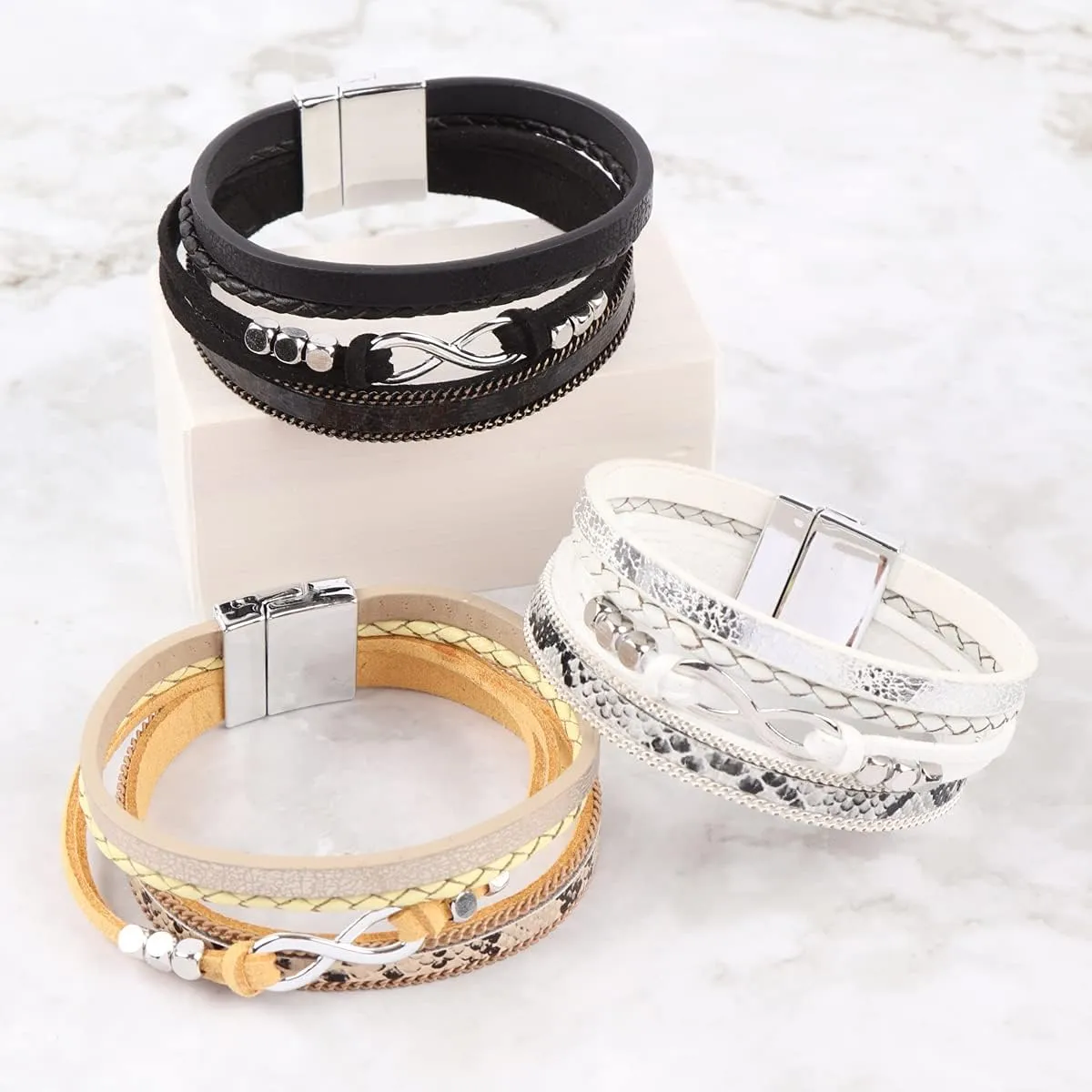 RIAH FASHION Bohemian Faux Leather Wrap Multi Layer Statement Bracelet - Boho Leatherette Bangle Cuff Crystal Rhinestone, Acrylic Pearl