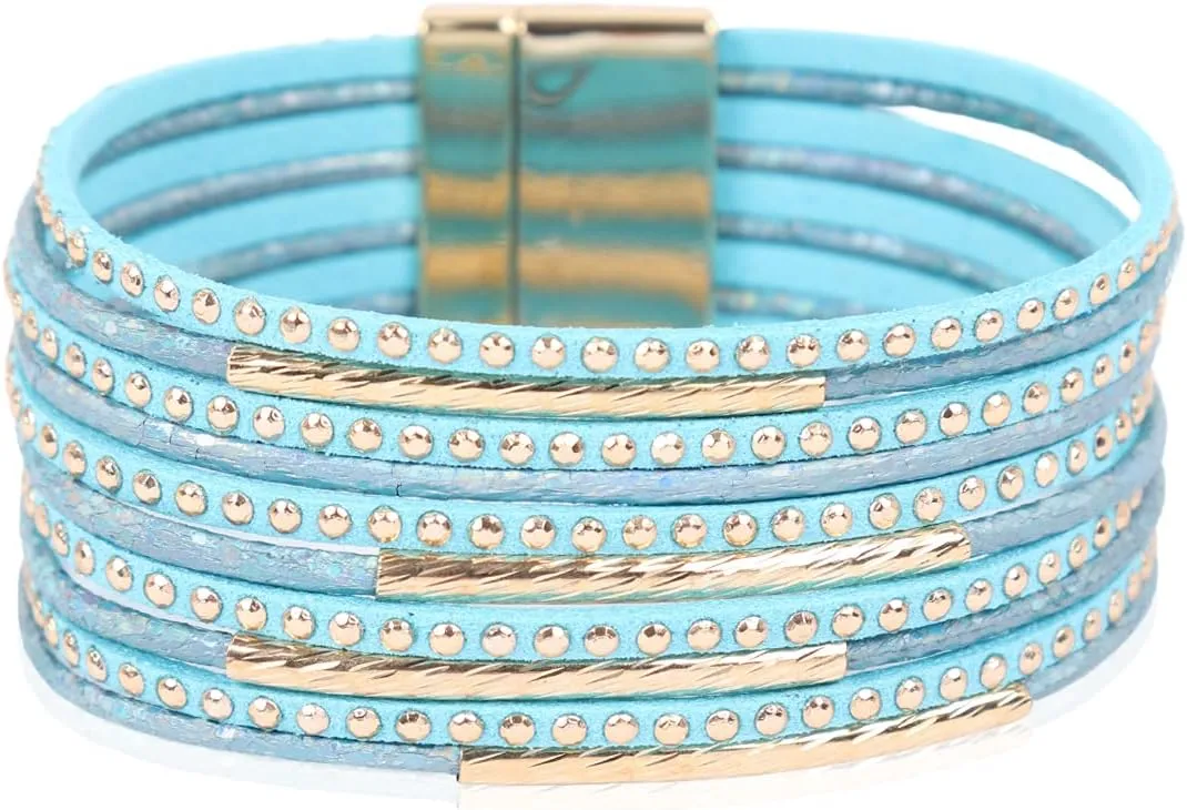 RIAH FASHION Bohemian Faux Leather Wrap Multi Layer Statement Bracelet - Boho Leatherette Cuff Bangle Crystal Rhinestone, Metallic Bead, Acrylic Pearl