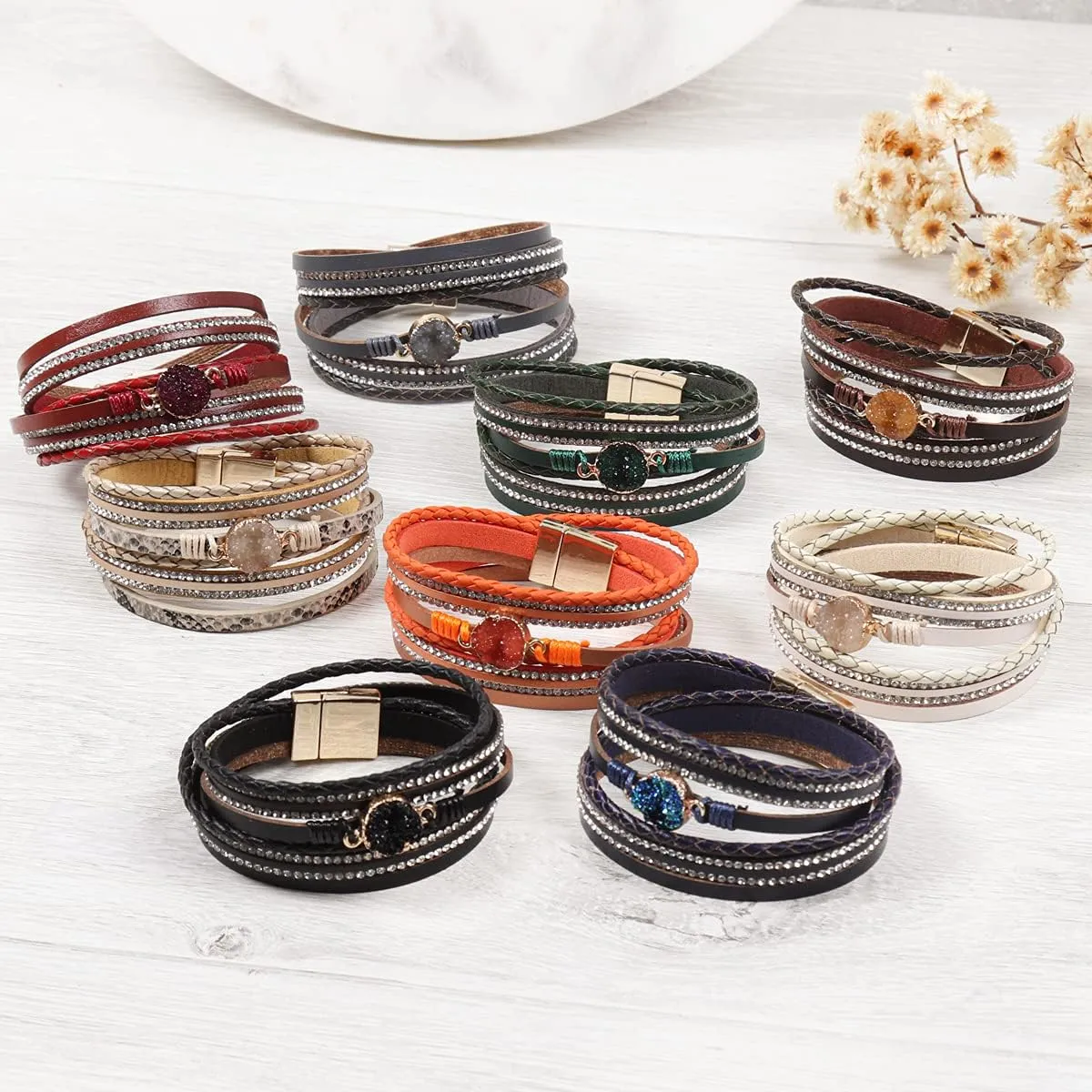 RIAH FASHION Bohemian Leatherette Wrap Multi Layer Statement Bracelet - Wrist Cuff Cubic Rhinestone, Sparkly Bead, Faux Druzy Crystal, Natural Stone Pearl