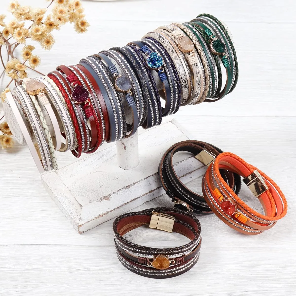 RIAH FASHION Bohemian Leatherette Wrap Multi Layer Statement Bracelet - Wrist Cuff Cubic Rhinestone, Sparkly Bead, Faux Druzy Crystal, Natural Stone Pearl