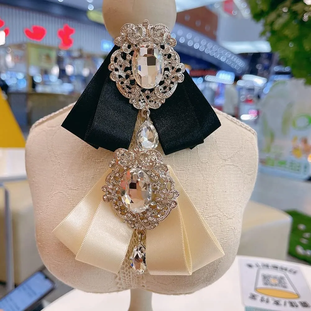 Ribbon Bow Brooch Rhinestone Pre-Tied Bow tie for Women Men Bowknot Neck Tie Wedding Party Christmas Gifts Ceremony