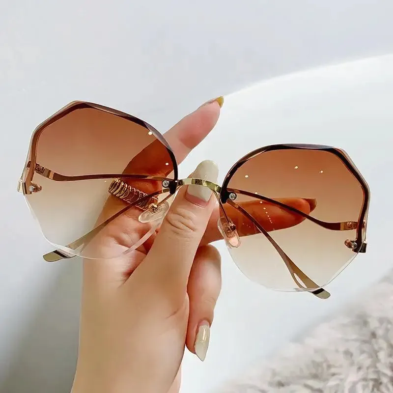 Rimless Sunglasses Women Metal Vintage Stylish Oversized UV400