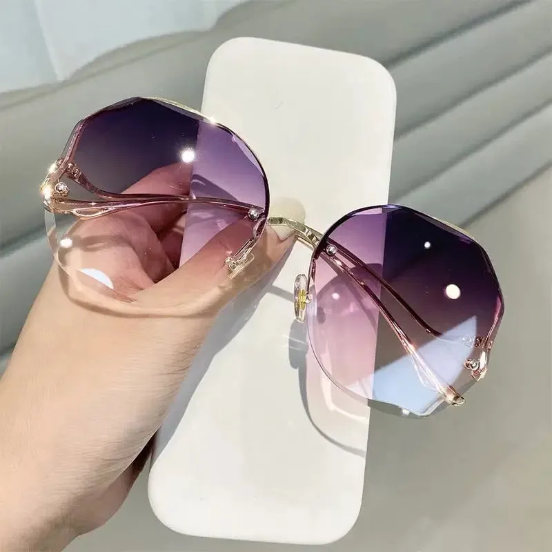 Rimless Sunglasses Women Metal Vintage Stylish Oversized UV400