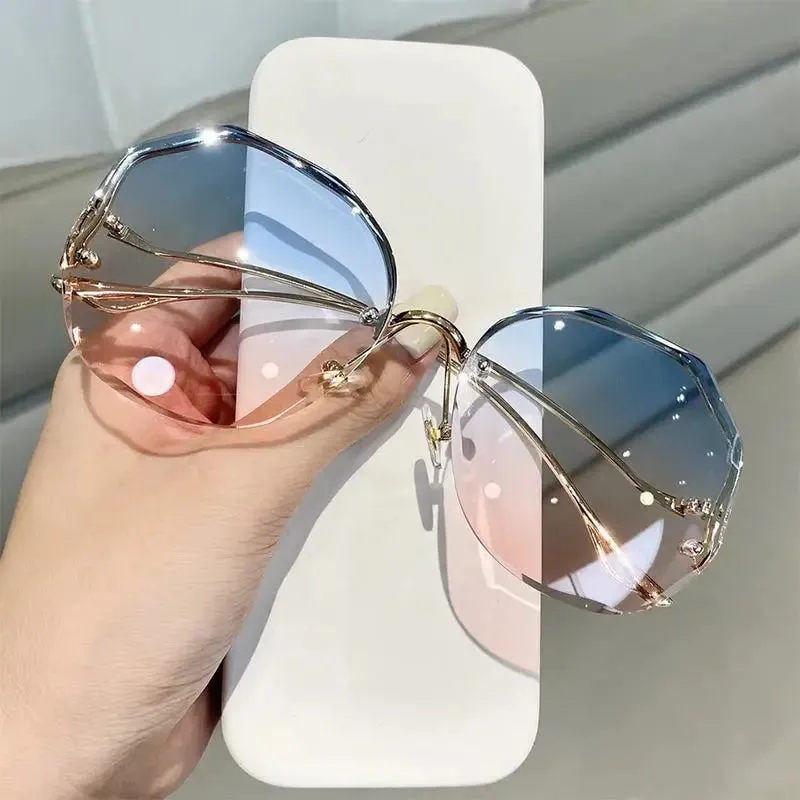 Rimless Sunglasses Women Metal Vintage Stylish Oversized UV400
