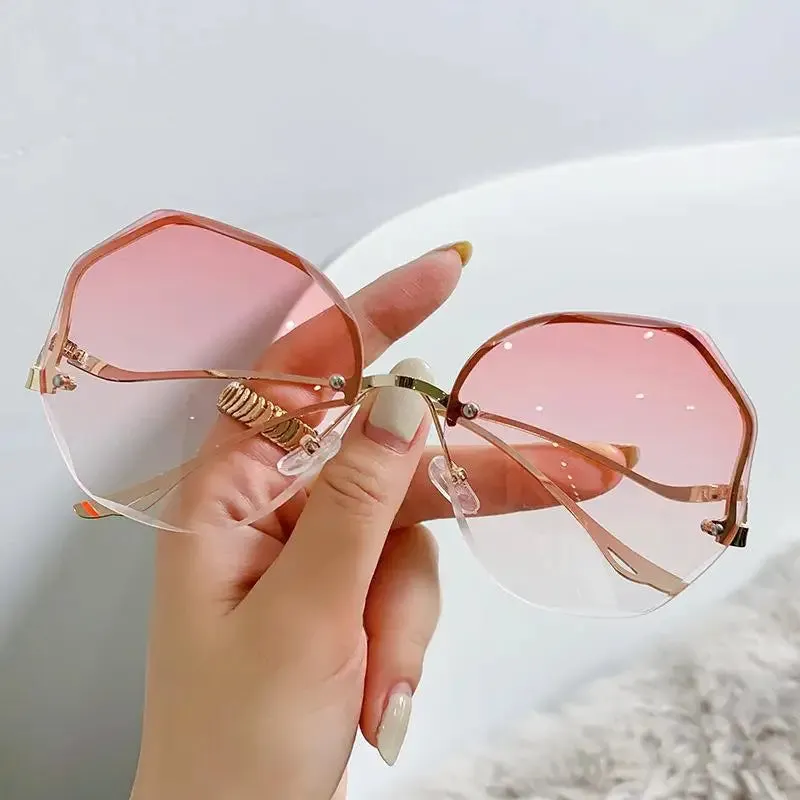 Rimless Sunglasses Women Metal Vintage Stylish Oversized UV400