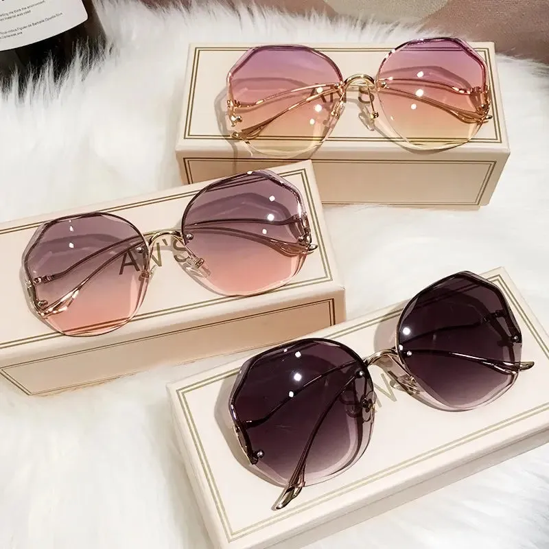 Rimless Sunglasses Women Metal Vintage Stylish Oversized UV400