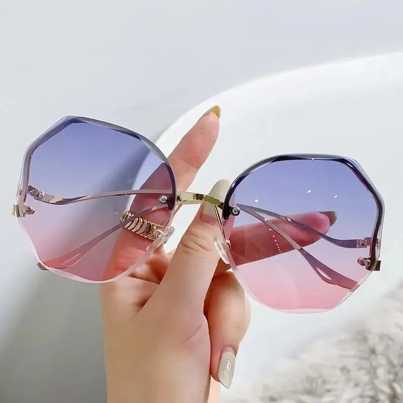 Rimless Sunglasses Women Metal Vintage Stylish Oversized UV400