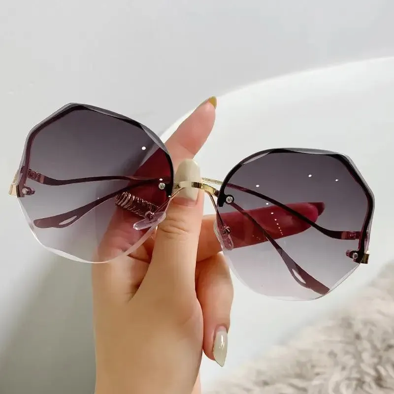 Rimless Sunglasses Women Metal Vintage Stylish Oversized UV400