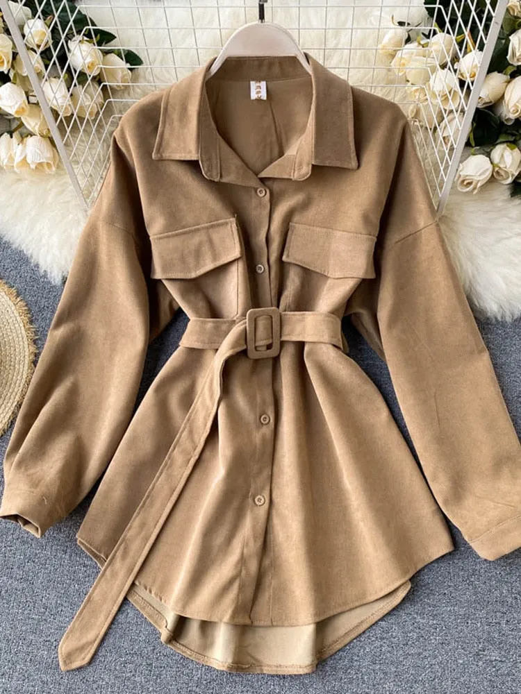 Romildi  spring fashion Women spring Autumn Shirts Retro Cargo Style Pockets Long-Sleeved Shirt Puff Sleeve Bandage Nipped Waist Tops Female