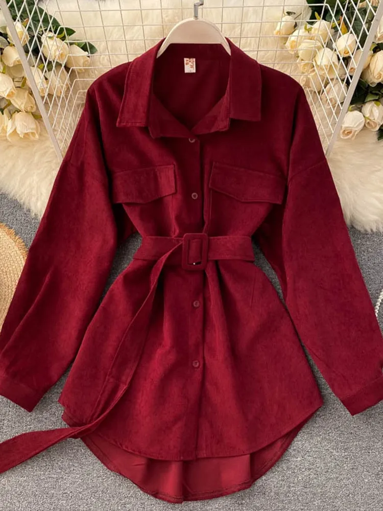 Romildi  spring fashion Women spring Autumn Shirts Retro Cargo Style Pockets Long-Sleeved Shirt Puff Sleeve Bandage Nipped Waist Tops Female