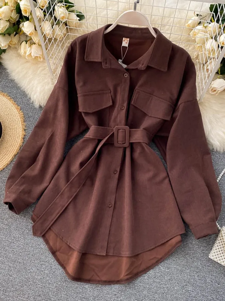 Romildi  spring fashion Women spring Autumn Shirts Retro Cargo Style Pockets Long-Sleeved Shirt Puff Sleeve Bandage Nipped Waist Tops Female