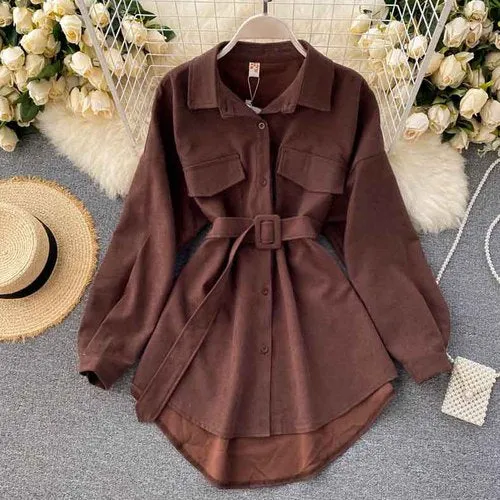 Romildi  spring fashion Women spring Autumn Shirts Retro Cargo Style Pockets Long-Sleeved Shirt Puff Sleeve Bandage Nipped Waist Tops Female