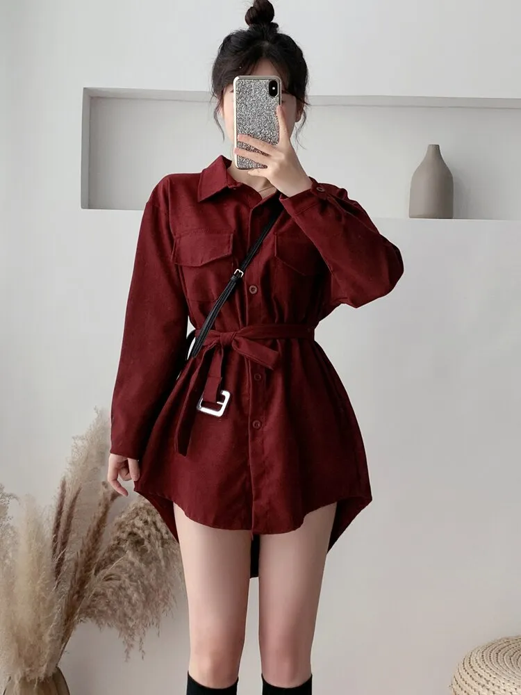 Romildi  spring fashion Women spring Autumn Shirts Retro Cargo Style Pockets Long-Sleeved Shirt Puff Sleeve Bandage Nipped Waist Tops Female