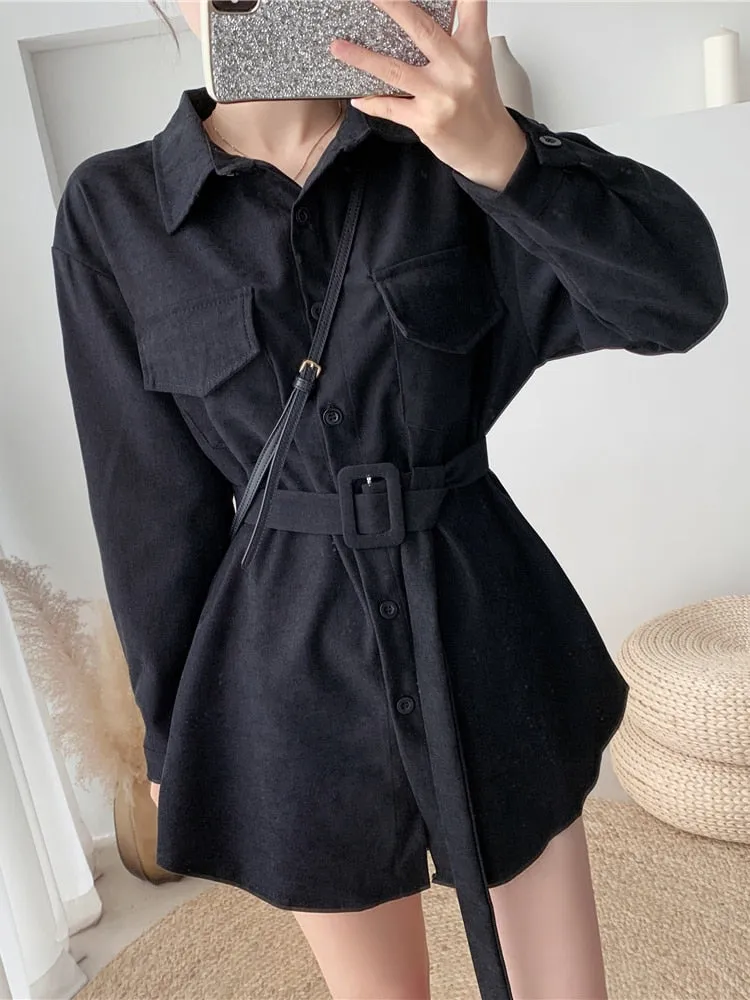 Romildi  spring fashion Women spring Autumn Shirts Retro Cargo Style Pockets Long-Sleeved Shirt Puff Sleeve Bandage Nipped Waist Tops Female