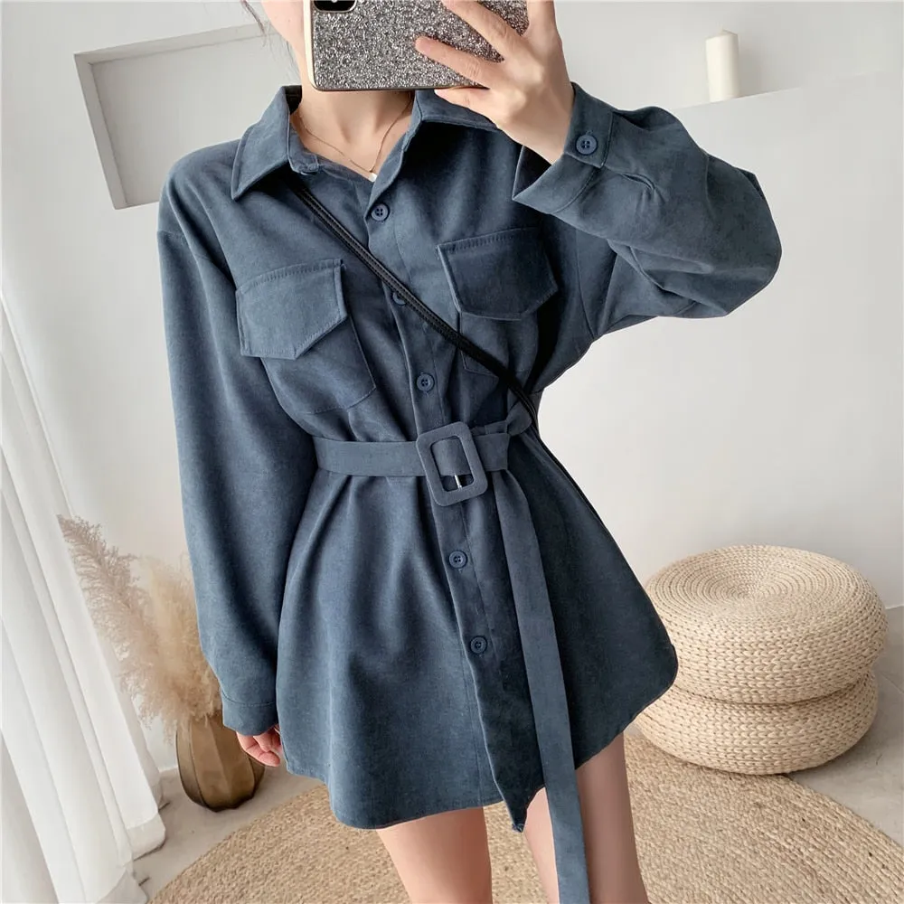 Romildi  spring fashion Women spring Autumn Shirts Retro Cargo Style Pockets Long-Sleeved Shirt Puff Sleeve Bandage Nipped Waist Tops Female