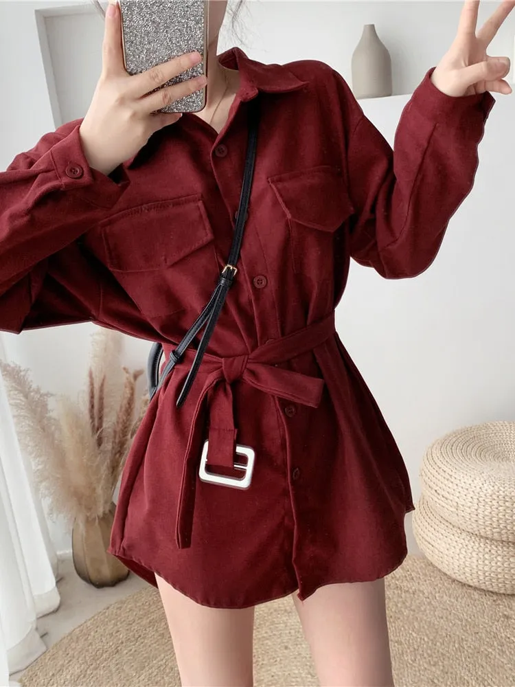 Romildi  spring fashion Women spring Autumn Shirts Retro Cargo Style Pockets Long-Sleeved Shirt Puff Sleeve Bandage Nipped Waist Tops Female