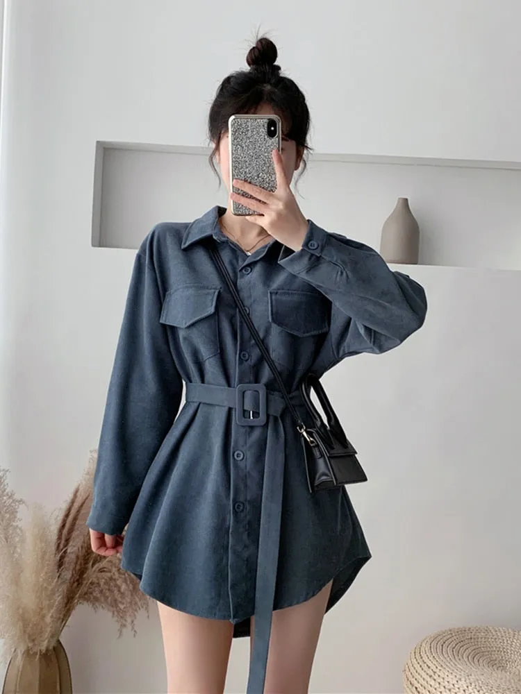 Romildi  spring fashion Women spring Autumn Shirts Retro Cargo Style Pockets Long-Sleeved Shirt Puff Sleeve Bandage Nipped Waist Tops Female