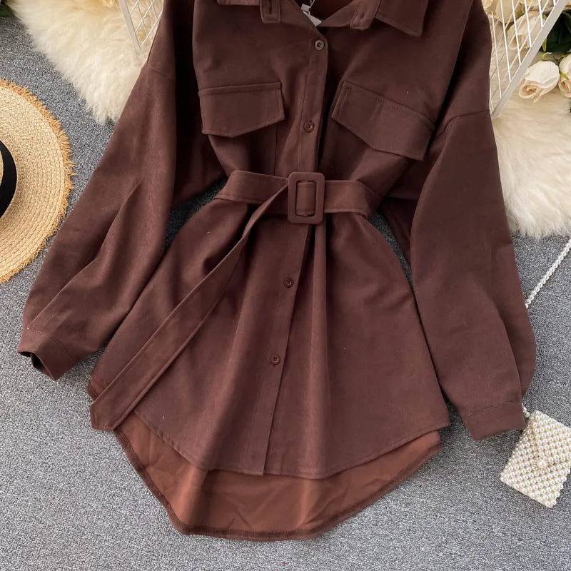 Romildi  spring fashion Women spring Autumn Shirts Retro Cargo Style Pockets Long-Sleeved Shirt Puff Sleeve Bandage Nipped Waist Tops Female