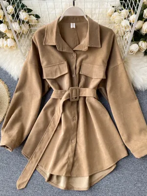 Romildi  spring fashion Women spring Autumn Shirts Retro Cargo Style Pockets Long-Sleeved Shirt Puff Sleeve Bandage Nipped Waist Tops Female