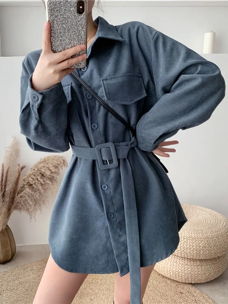 Romildi  spring fashion Women spring Autumn Shirts Retro Cargo Style Pockets Long-Sleeved Shirt Puff Sleeve Bandage Nipped Waist Tops Female