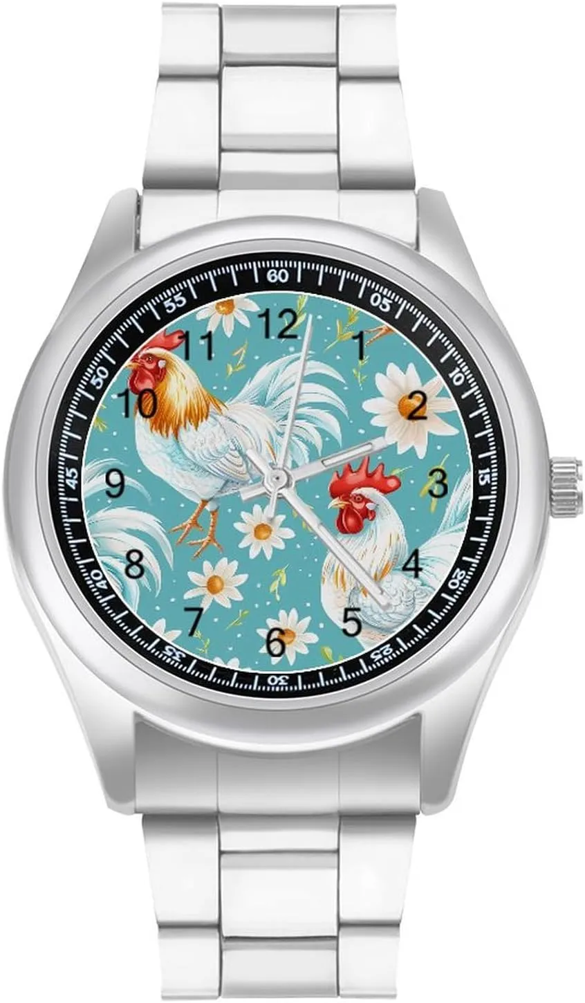 Rooster Floral Watches Stainless Steel Band Wristwatch Business Dress Watch for Work Home