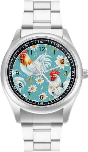 Rooster Floral Watches Stainless Steel Band Wristwatch Business Dress Watch for Work Home