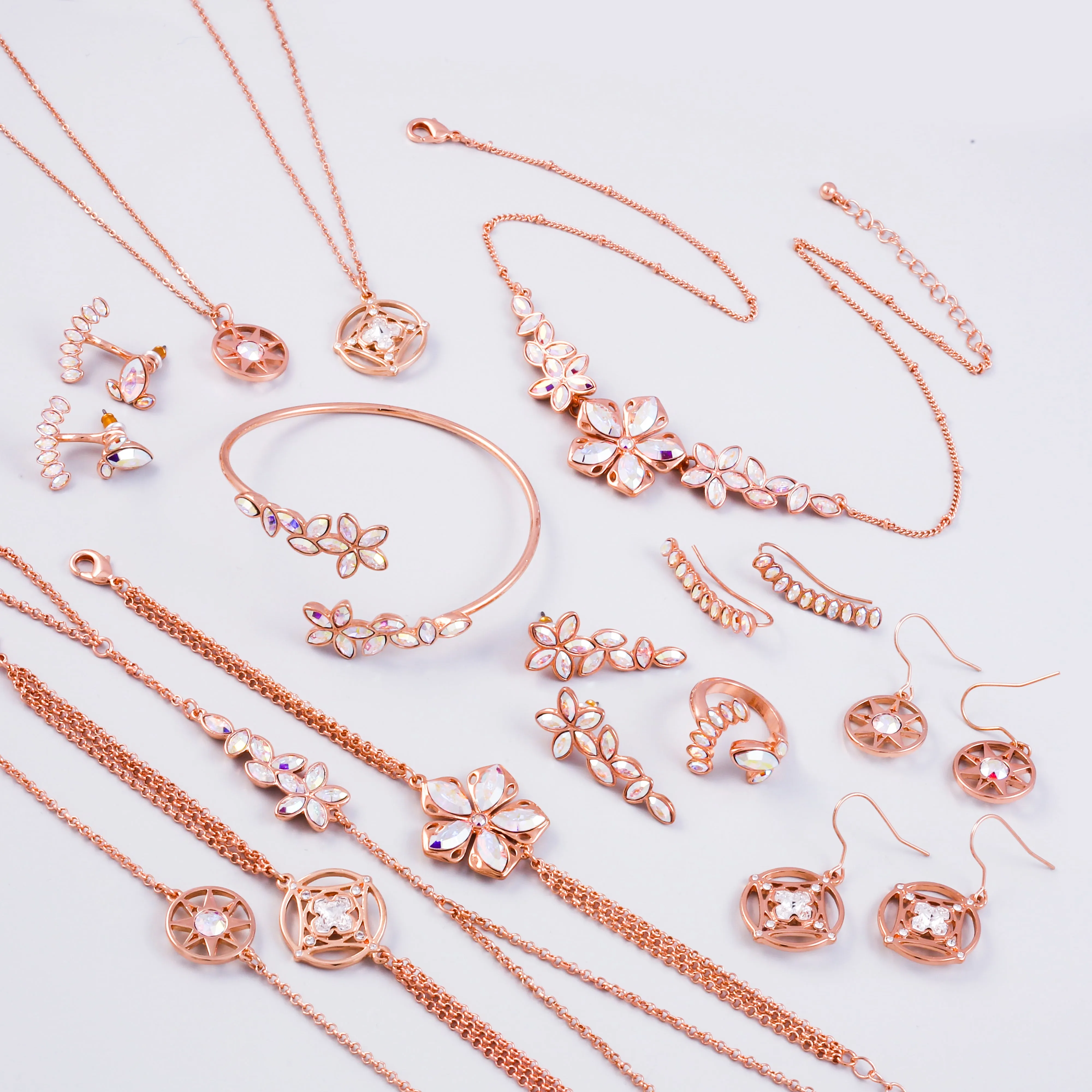 Rose Gold & Crystal AB Sakura Ring to Wrist Bracelet