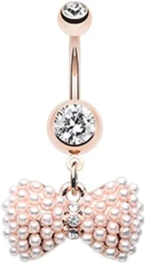 Rose Gold Vintage Pearl Bow Tie Gem Cubic Zirconia Navel Dangle Belly Button Ring