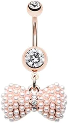 Rose Gold Vintage Pearl Bow Tie Gem Cubic Zirconia Navel Dangle Belly Button Ring