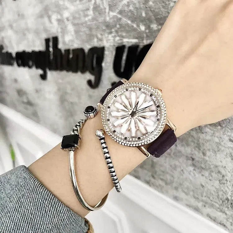 Rotatable Dial Leather Belt Women's Watch