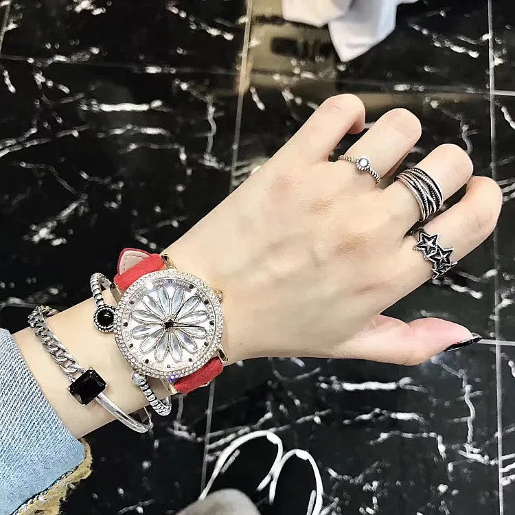 Rotatable Dial Leather Belt Women's Watch