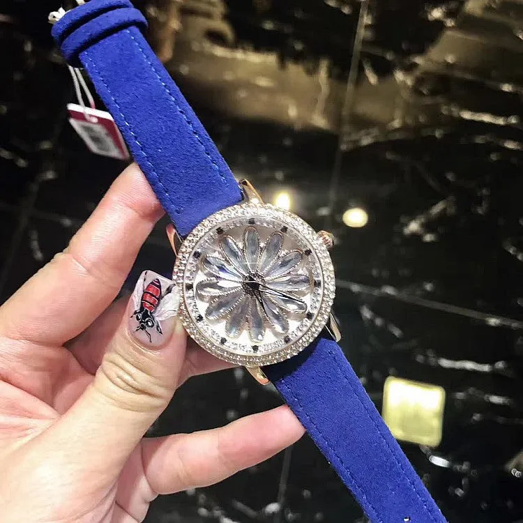 Rotatable Dial Leather Belt Women's Watch