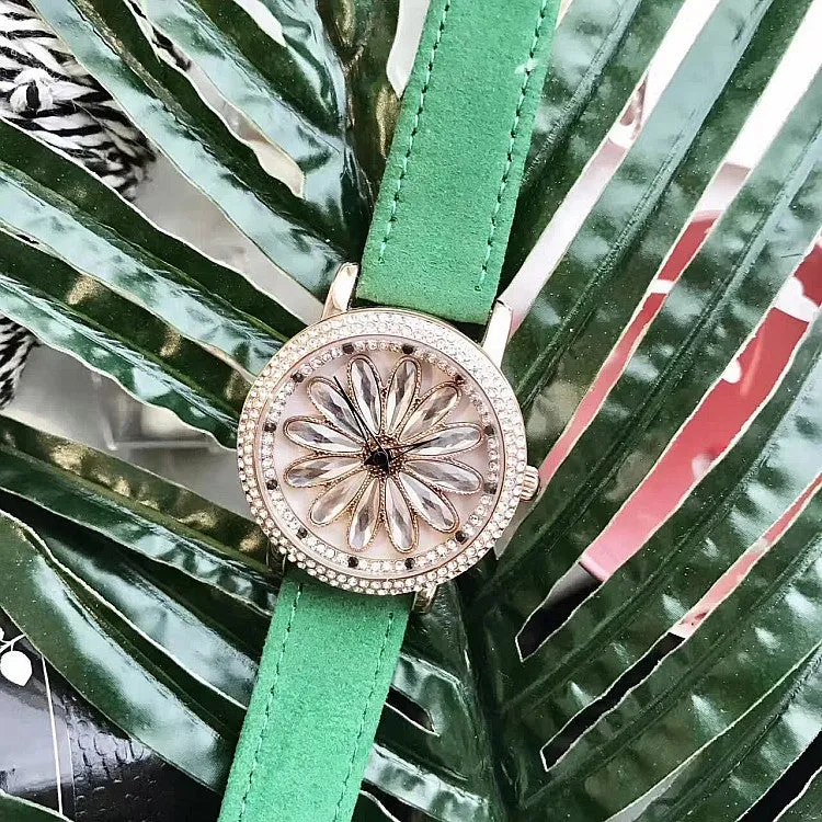 Rotatable Dial Leather Belt Women's Watch